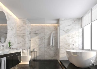 Luxury bathroom with black marble floor and white marble wall 3d render,The room has a clear glass shower partition,There are large windows natural light shining into the room.
