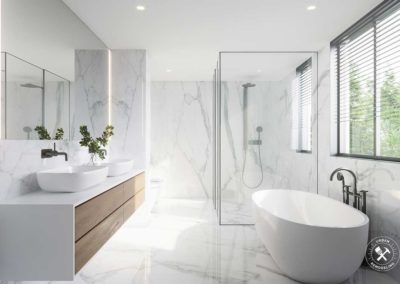modern white bathroom with white marble and bathtub